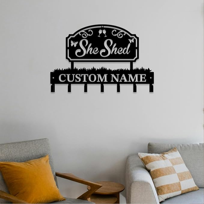 Personalized She Shed Metal Keys Hooks,Custom Name Metal She Shed Keys Hooks,Black Metal She Shed Wall Home Storage Decorative Keys Hooks,Key Holder Hooks for Wall (Style K)