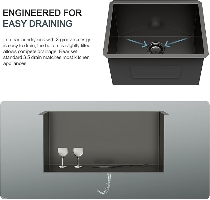 Lordear 24 Laundry Sink Stainless Steel 24" x 19" x 12" Undermount Sink Single Bowl 16 Gauge Stainless Steel Deep Laundry Room Utility Sinks Handmade Under Counter Basin