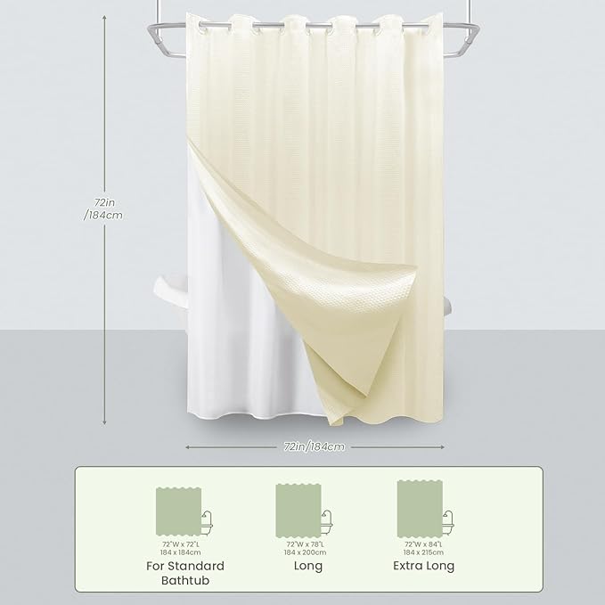 Inhousolu No Hook Waffle Weave Shower Curtain with Removable Snap in Fabric Liner Set for Bathroom, 230 GSM Heavy Duty Weighted Hem, Water Repellent Washable Bath Curtains, 72 x 72 Inch, Ivory