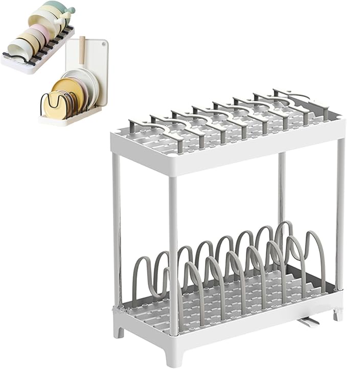 COMEOXO Double-Layer Pot and Pan Lid Organizer with Drainage, Adjustable 16 Compartments for Kitchen Cabinets - Bakeware, Cookware, Cutting Boards & Dishes (Khaki Gray)