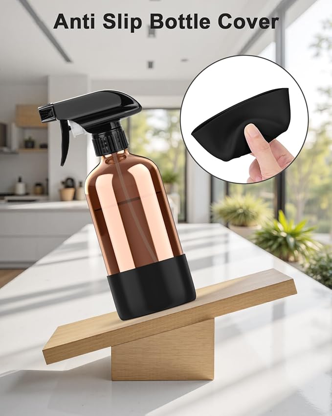 Bontip Amber Glass Spray Bottle with Silicone Sleeve Protection, 16 oz Refillable Spray Bottle for Cleaning Solutions, Plants, Aromatherapy, Facial Hydration (Black Sleeve(Amber Bottle)