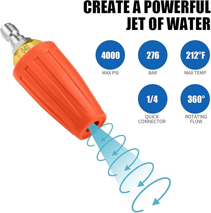 Turbo Nozzle Pressure Washer 4000 PSI Max Rotating Orange Pressure Washer Nozzle with 1/4" Quick Connect Pressure Washer Tips Power Washer Nozzle for Cleaning Brick, Concrete, and Vinyl Surfaces
