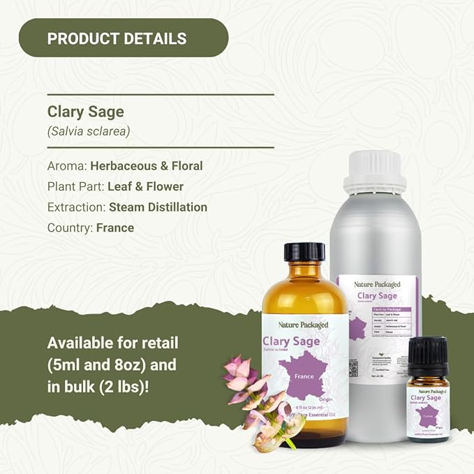 Clary Sage Essential Oil - Direct from France - Steam Distilled - Aceite de Salvia Esclarea for Aromatherapy, Massage, Diffuser, DIY Candle and Soap Making - 8oz