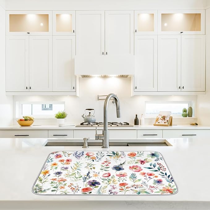 Hexteria Microfiber Absorbent Dish Draining Mat, Floral Dish Drying Mat for Kitchen Counter Washable Drainer Rack Pad, Vintage Floral