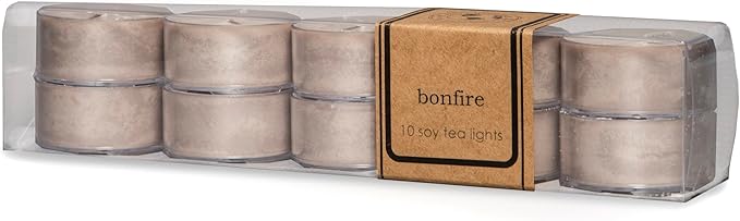 ECO CANDLE CO. Tea Light Candles, Bonfire, 10-Pack - Scents of Smoldering Wood, Smoke, & Incense - Recyclable, 100% Soy Wax, No Lead, Hand Poured, Made from Midwest Grown Soybeans, .6 oz. Each