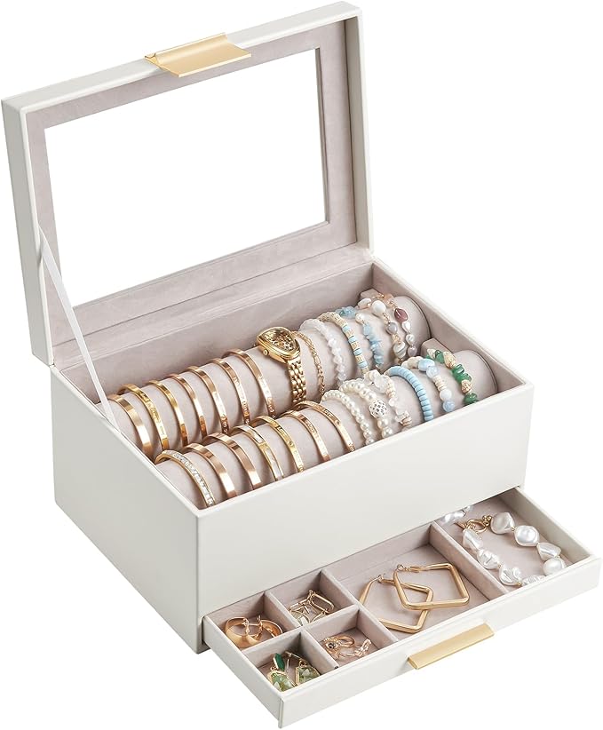 Lolalet Bracelet Holder Organizer with Clear Lid and Drawer, Bangle Storage Box Jewelry Display Holder for Watches, Jewellery Case for Women -White