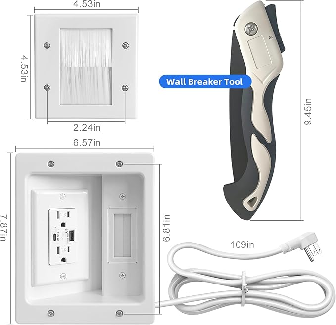 in-Wall TV Cable Management Kit with Power, Dual Outlets, USB-A & USB-C Ports, 9ft/109in Cord, Includes Wall Cutting Tools, Hide TV Wires for Clean Home Theater Setup