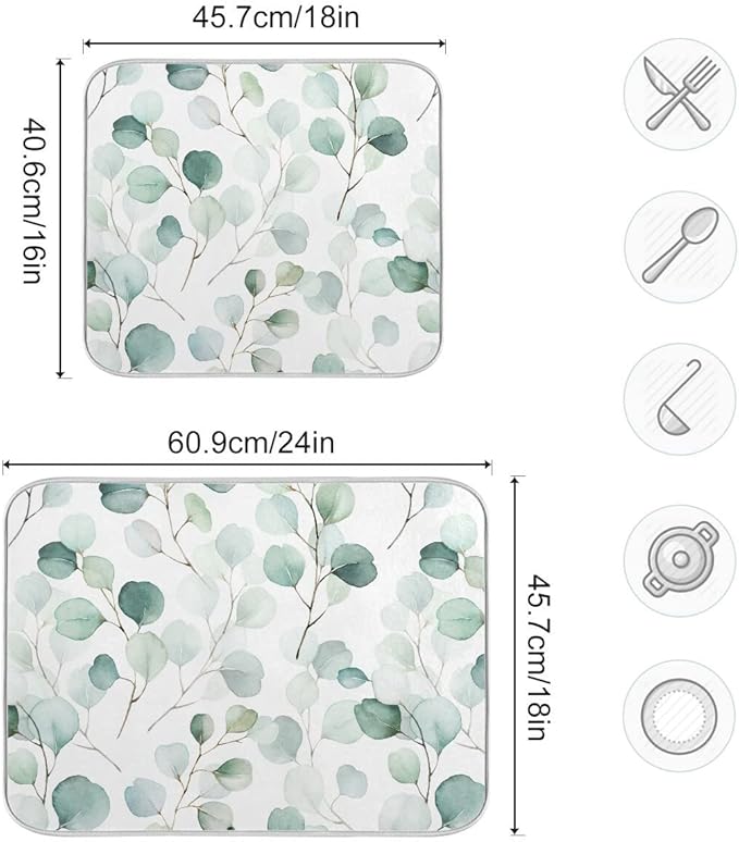 Green Leaves Dish Drying Mat 18x24 for Kitchen Counter Watercolor Herbs Women Pioneer Kitchen Drying Mats Dishes Pad Absorbent Fast Dry Dish Draining Mats Large Kitchen Accessories