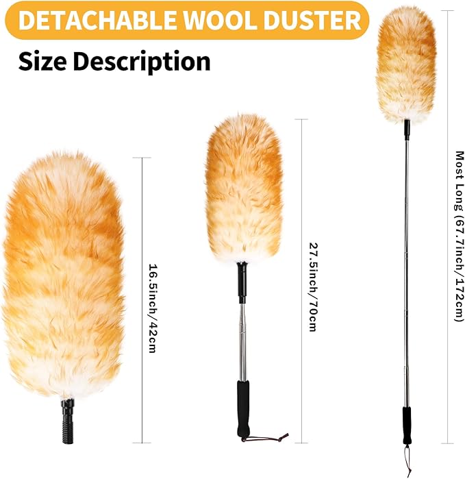 FeelfunFeather Lambswool Extendable Duster,67.7Inch Telescoping Feather Dusters with Stainless Steel Extension Pole for Cleaning High Ceiling Fan, High Ceilings,Furniture