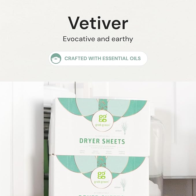 Grab Green Dryer Sheets, 160 Sheets, Vetiver Scent, Plant Based, Softens Fabrics, Reduces Static Cling and Wrinkles