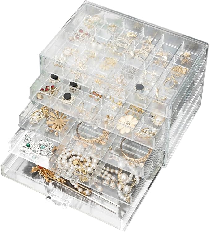 Acrylic Jewelry Box With 5 Drawers Clear Earring Storage Organizer Display Case Earring Organizer Box with Compartment Tray Transparent Jewelry Holder Organizer for Earrings Necklace Rings Bracelet