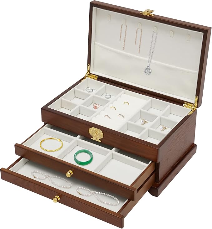 Eapmic Extra Large 3 Layers Wooden Jewelry Box Jewelry Case Cabinet Armoire Ring Necklacel Gift Storage Box Organizer(3 Layers,Brown)