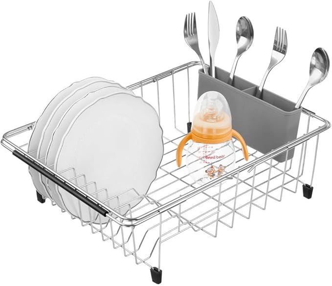SANNO Large Expandable Dish Drying Rack Over Sink Dish Rack with Utensil Silverware Storage Holder Over The Sink Adjustable Arms Dish Drying Drainer,Stainless Steel, in Sink or On Counter