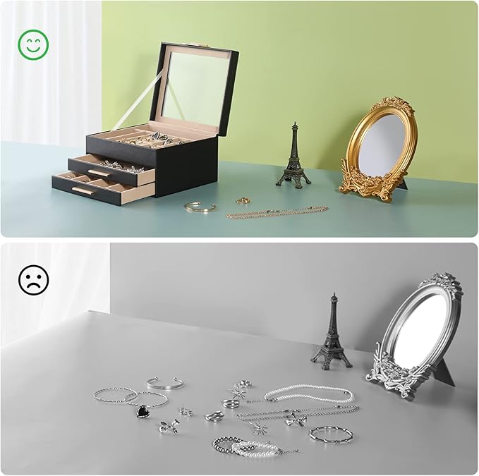 Jewelry Box Organizer for Women,3 Layers Jewelry Storage Display Box with Glass Lid,Gift for Christmas,3 Drawers,Large Capacity for Necklace Earrings Bracelets Rings,Black