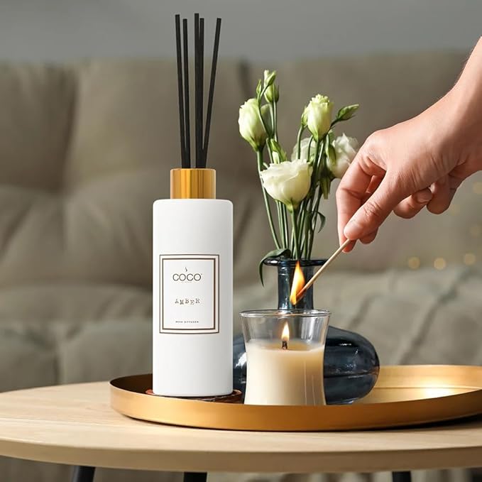 COCO by Stone 5oz Reed Diffuser (Amber) Luxury Scented Oil Diffuser Aromatherapy, Reed Diffusers for Home, Diffusing Oil Fragrance,Fragrance Products, Reed Diffusers for Home, Vegan