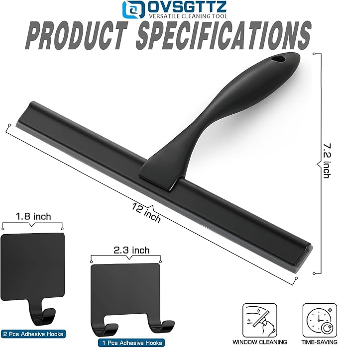 OVSGTTZ Stainless Steel Shower Squeegee for Glass, Includes 3 Adhesive Hooks, Shower Door Squeegee for Bathroom, Household Window, Car Windshield, Mirrors, Tiles Scrubber Clear, 12 inch Black