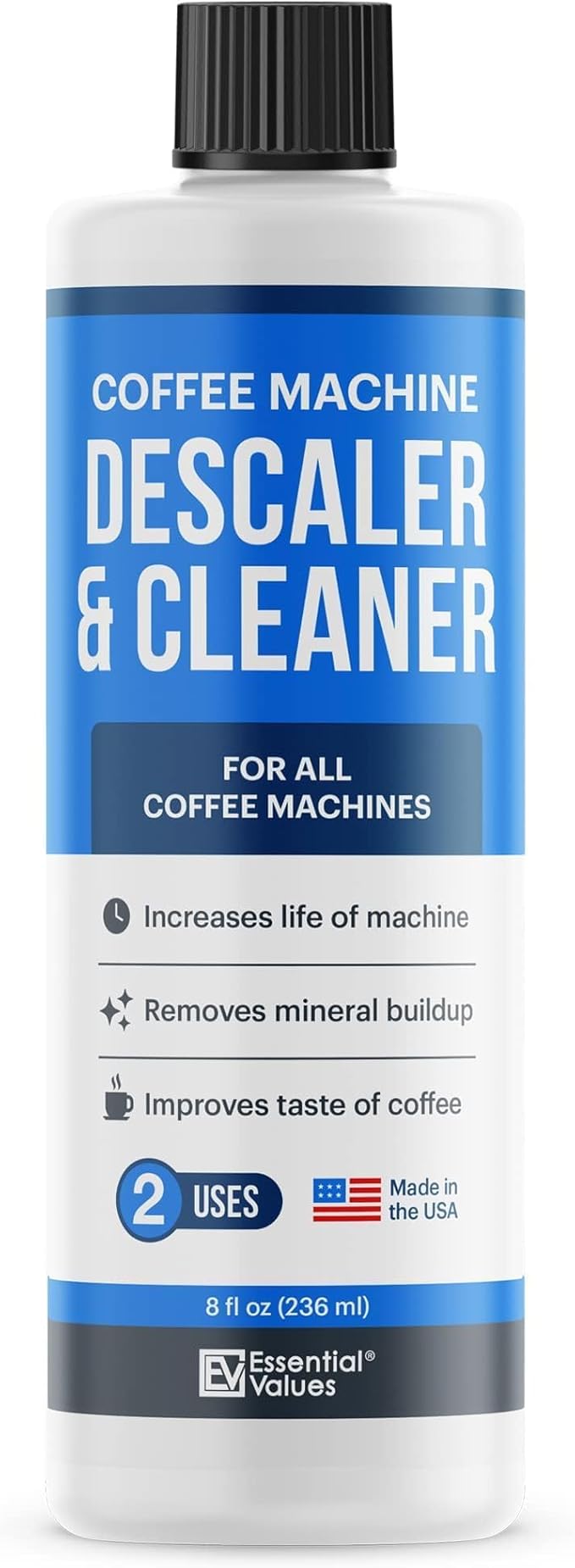 Essential Values Descaling Solution (8 fl oz / 236 ml) – Coffee Maker Cleaner for Nespresso, Keurig, Breville & More – Works on All Machines & Espresso Makers – Made in USA
