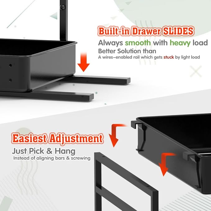 EVERIE Height Adjustable 2 Tier Metal Pull Out Slide Shelf Organizer for Under Sink Cabinets in Kitchen, Bathroom, with Snap-on Top Tray, 16" Deep (Black, 2 Sets) | Pull Out, Slide Shelf