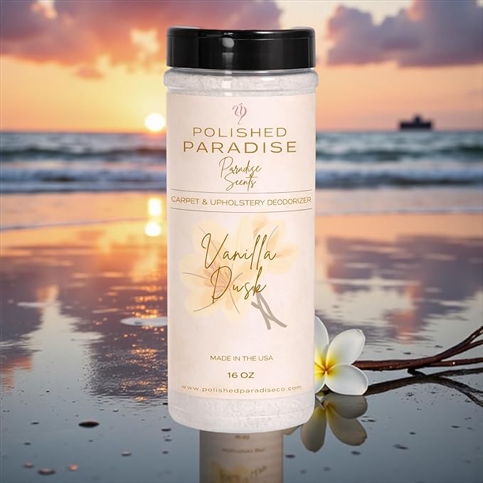 Polished Paradise Co Luxury Carpet and Upholstery Deodorizer, Resort Inspired Scent Powder for Rugs and Textiles, 16 Oz (Vanilla Dusk)