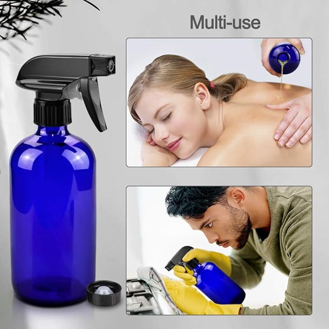 Worldgsb Glass Spray Bottles, 16oz Refillable Containers, Empty Boston Round Bottles with Labels & Adjustable Nozzle for Cleaning, Gardening, Aromatherapy, Pets, Plant, Hair -Blue (2 Pack)