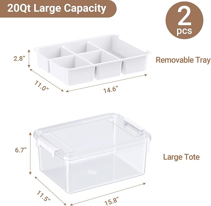 40Qt Plastic Storage Bins with Lids, Clear Latching Organizers Boxes with Removable Trays, Portable Storage Containers, for Holiday Ornaments, Home Organization, 2Pack