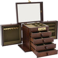 Jewelry Box with Password Lock and Mirror, 5-Layer Large Organizer Box with Mirror and 4 Drawers, Soft Velvet Lining, for Rings Earrings Necklaces Wooden Storage Box with Exquisite Carvings