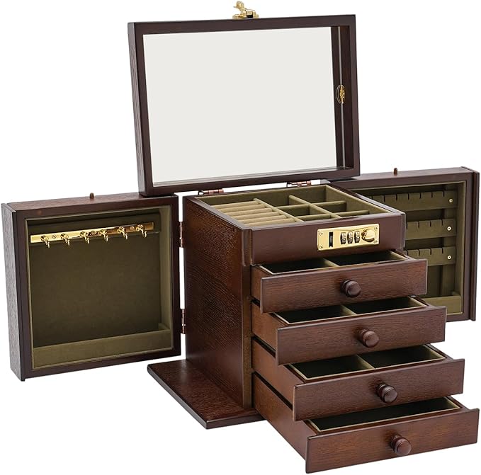 Jewelry Box with Password Lock and Mirror, 5-Layer Large Organizer Box with Mirror and 4 Drawers, Soft Velvet Lining, for Rings Earrings Necklaces Wooden Storage Box with Exquisite Carvings