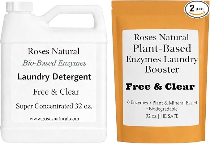 Bio-Based Enzymes Laundry System – Liquid Laundry Detergent (32 fl oz) + Enzyme Booster (32 oz) Bundle – Plant-Based, Low-Suds, HE Safe, Made in the USA (Free & Clear)