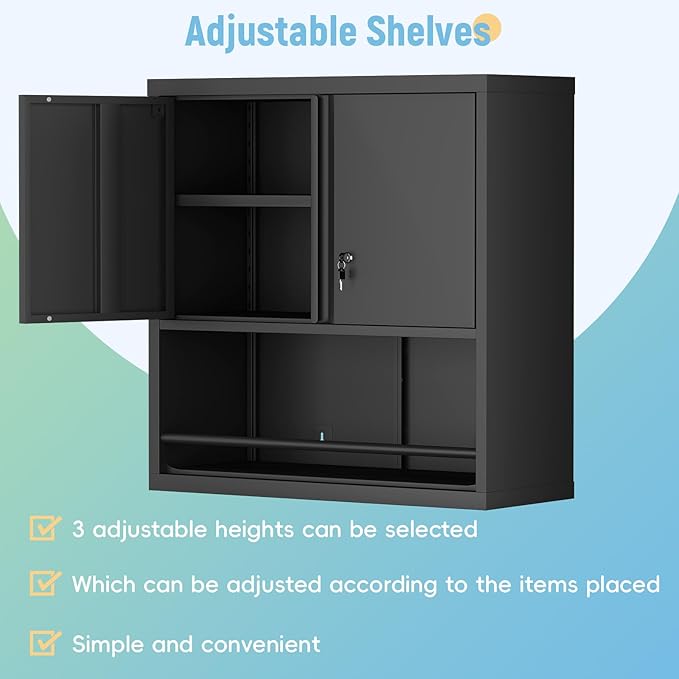 Garage Cabinets,Metal Wall Cabinet with 2 Doors,Lockable Storage Cabinet,Wall Cabinet for Garage,Warehouse,Home Offcie,Black