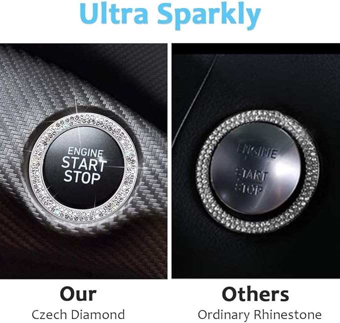 ToBeQueen Car Bling Ring Crystal Car Stickers Rings Womens Car Decals,2Pcs Push Start Button Bling Ignition Ring Sticker,Bling Car Interior Accessory for Women,Silver
