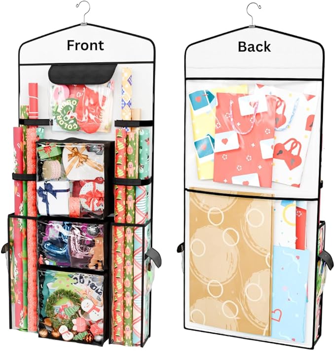 ProPik Hanging Double-Sided Gift Wrap Organizer, Wrapping Paper Storage with Multiple Front and Back Pockets, Organize Your Gift Bags Bows Ribbons 40”X17" Fits 40 Inch Rolls (Black seam)