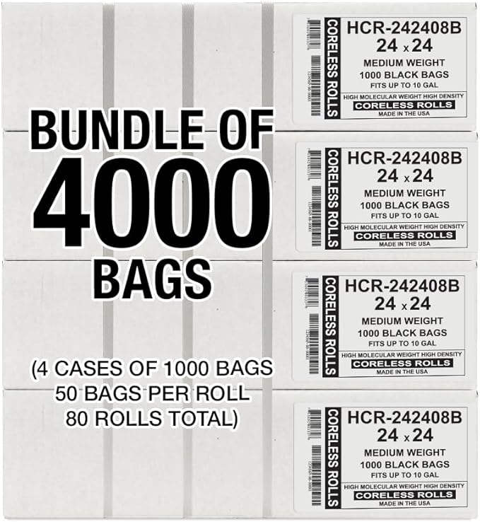 Aluf Plastics High Density Trash Bags, 10 Gallon, 4000 Count, 8 Micron (eq), 24" x 24", Black, for Bathroom, Office, Industrial, Commercial, Janitorial, Municipal, Recycling