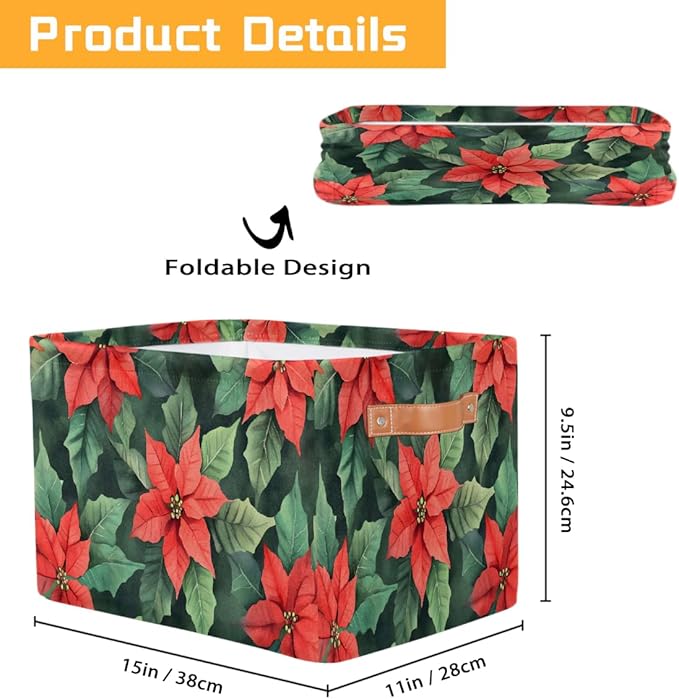 Storage Baskets Bin, Christmas Winter Poinsettia Collapsible Canvas Fabric Storage Bin Decorative Baskets Toy Organizer Rectangle Storage Boxes with Handles for Home Shelves Nursery, J-005