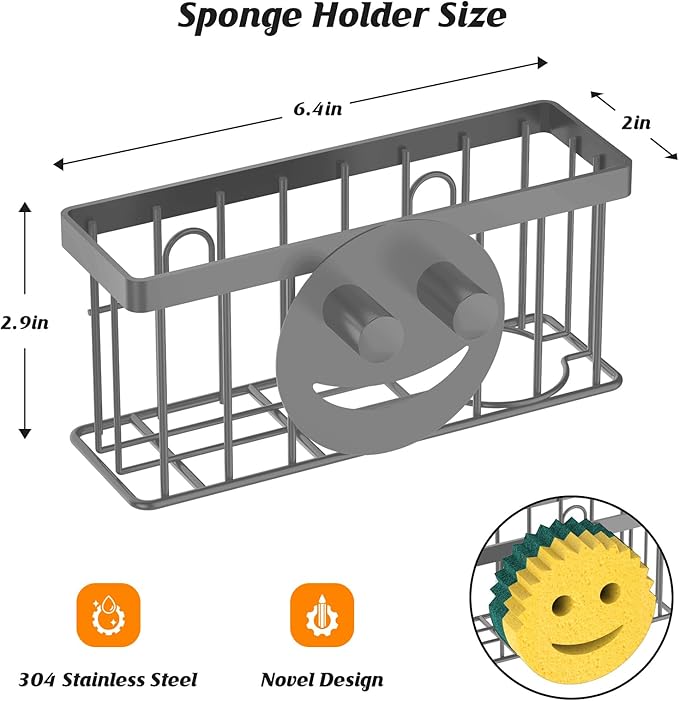 MURLONG Sponge Holder Smiley Face,Sink Caddy for Kitchen Sink,Sponge Holder with 2 PCS Suction Cups/1 PCS Adhesive Strips,Designed for Sponge,Soap,Dish Brush,Scrubber-Charcoal Gray