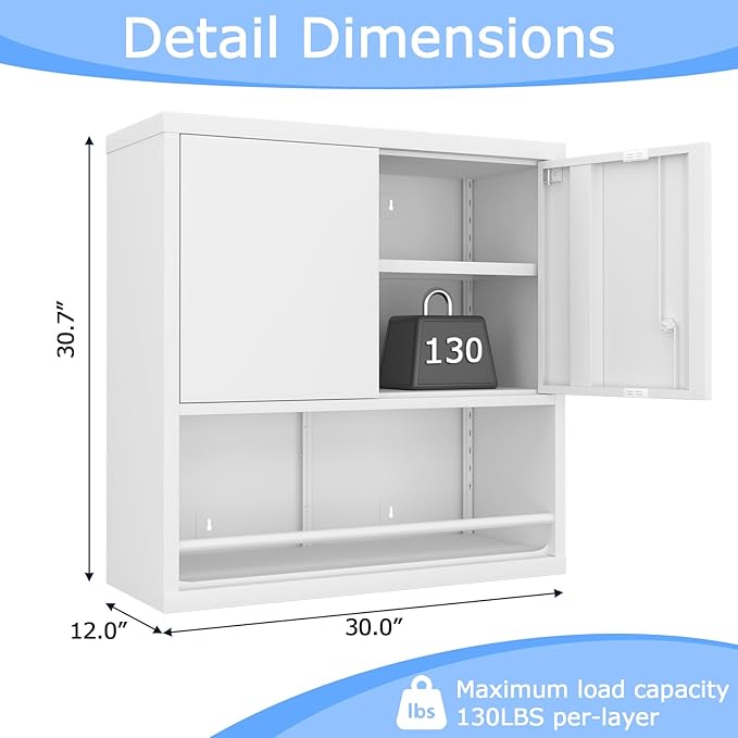 Metal Wall Cabinet, Wall Storage Cabinets with Door and Adjustable Shelves, Bathroom Metal Storage Cabinet for Laundry Room, Kitchen, Garage