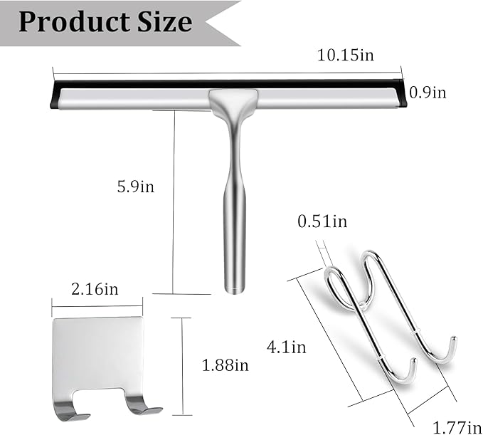 Windran 10-Inch Shower Squeegee for Glass Doors, Stainless Steel Shower Squeegee with Shower Door Hook & Adhesive Hook, Multi-Purpose Bathroom Squeegee for Glass, Door, Mirror and Window (Silver)