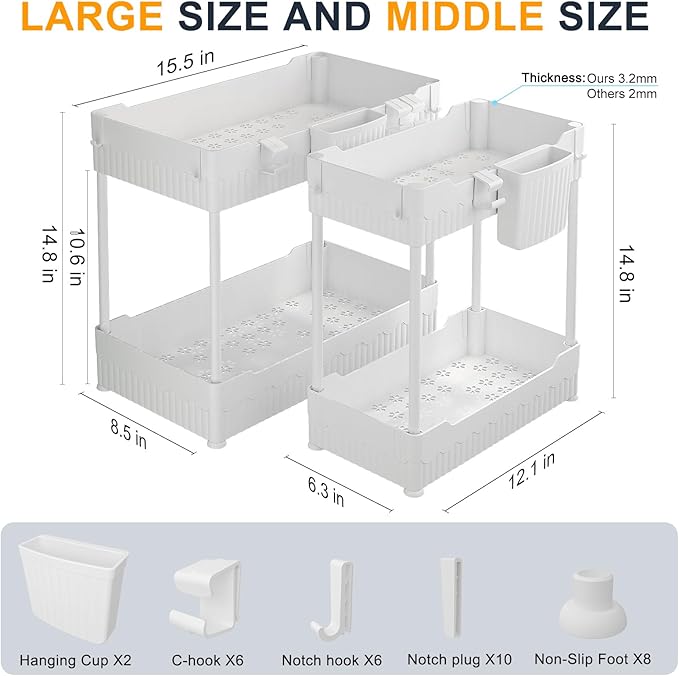 Sevenblue 2 Pack Under Sink Organizer, Under Bathroom Cabinet Organizer with Hooks Hanging Cup, Multi-Purpose Storage Shelf for Kitchen Bathroom (White, XL)