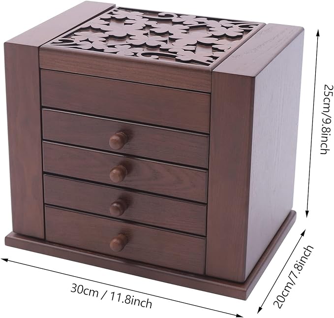 Large Wooden Jewelry Box 5 Layers Jewelry Storage with Mirror and 4 Drawers Gift for Women and Girls Necklace Ring Storage Box (Coffee+Carving)