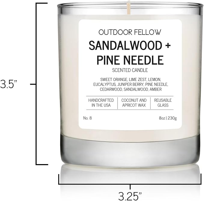 Outdoor Fellow Sandalwood + Pine Needle Scented Candle, 8oz, Coconut & Apricot Wax Blend, Sandalwood, Pine Needle, Eucalyptus, Reusable Glass, 40-50 Hour Burn Time