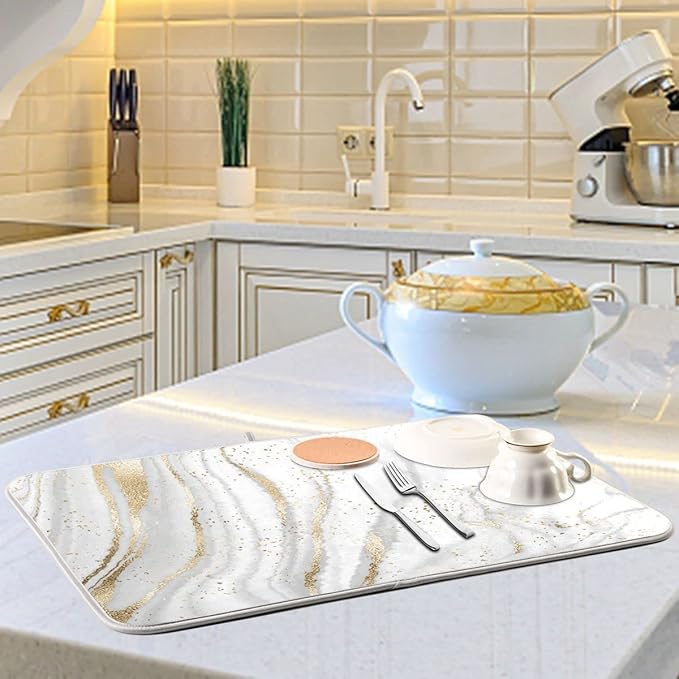 Marble Dish Drying Mat for Kitchen Counter White Golden Marble Gary Grey Drying Mats Super Absorbent Reversible Microfiber Kitchen Countertop Protector Dishes Pad Large 18x24 inch