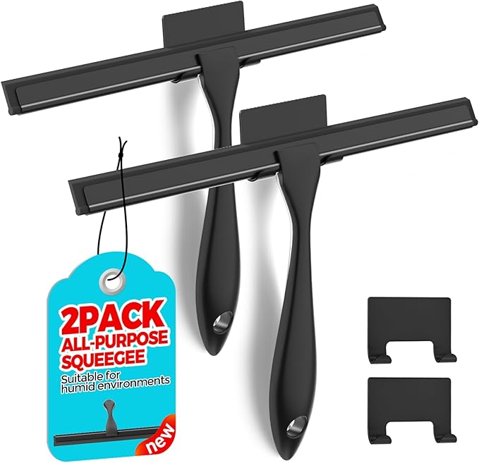 ALFLOD 2PACK 12-Inch All-Purpose Shower Squeegee for Shower Doors, Bath Linen Sets, Tile Shower Walls, Bathroom, Window, Glass and Car Windshield, Mirrors and Kitchen-Stainless Steel, Black