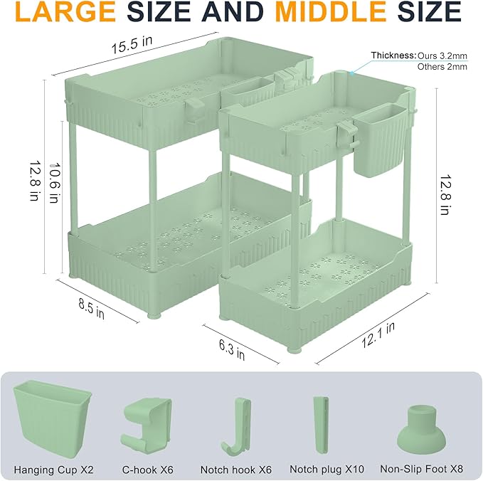 Sevenblue 2 Pack Under Sink Organizer, Under Bathroom Cabinet Organizer with Hooks Hanging Cup, Multi-Purpose Storage Shelf for Kitchen Bathroom (Green, L)