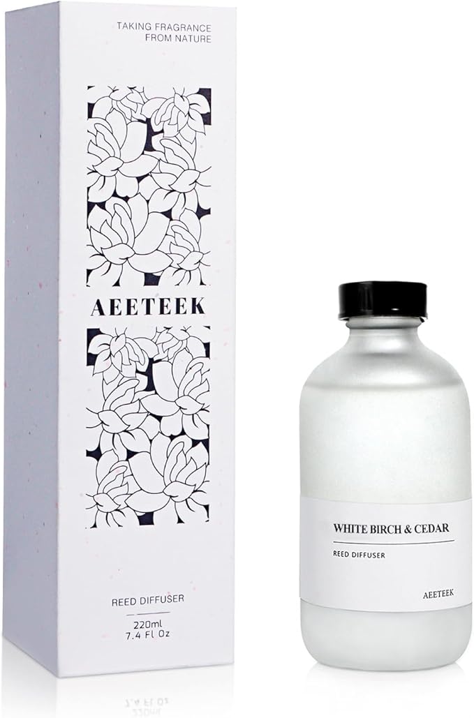 White Birch & Cedar Reed Diffuser, 7.4oz(220ml) Large Bottle Essential Oils, Scented Oil Refill for Waterless Diffuser, Air Freshener for Bathroom with Willow Branches Decor (1-Pack)
