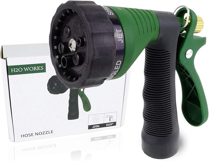 H2O WORKS Garden Hose Nozzle Heavy Duty Water Hose Nozzle with Adjustable Watering Patterns High Pressure Sprayer Nozzles, Pefect for Car Washing and Pets Showering