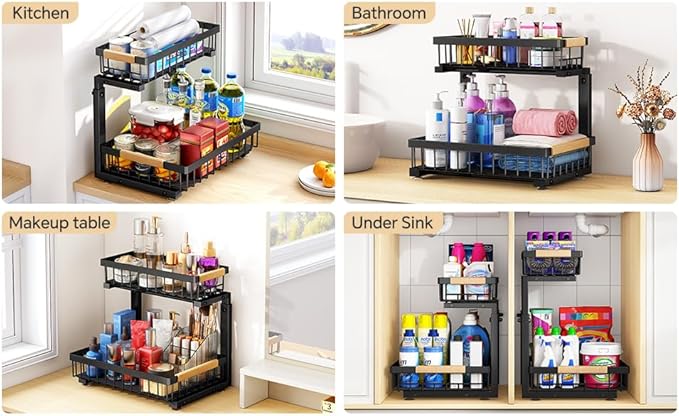 PXRACK(Small Version)2 Pack Under Sink Organizer,Adjustable Height,2 Tier Pull Out Under Cabinet Organizer,Slide Out Thickened Metal Storage Shelf for Kitchen Bathroom Laundry Pantry Cabinet,Black