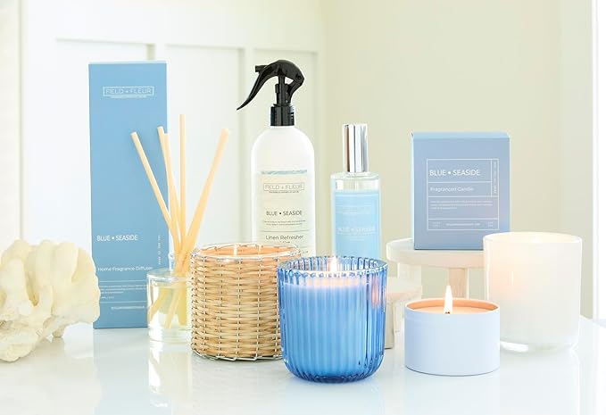 FIELD FLEUR Blue Seaside Linen & Room Spray 15.5 oz - Aromatic & Refreshing Bedding & Fabric Mist - Air Freshener for Clothes & Sofas - Notes of Citrus, Oceanic Breeze & Sugary Coconut -Made in USA