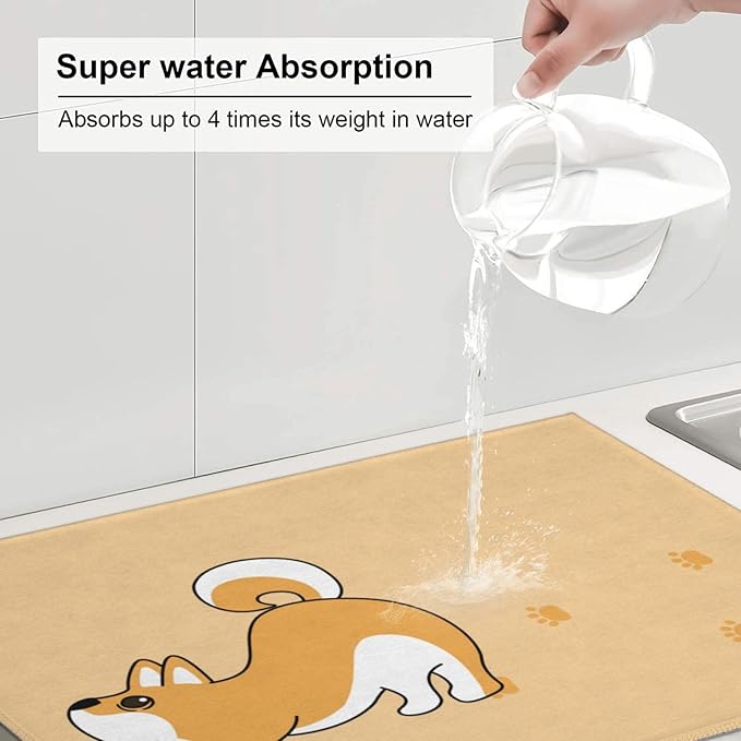 Cute Yellow Dog Paw Print Dish Drying Mat 18x24 For Kitchen Counter Absorbent Microfiber Dishes Pad Dish Drainer Rack Mats Fast Dry Kitchen Accessories