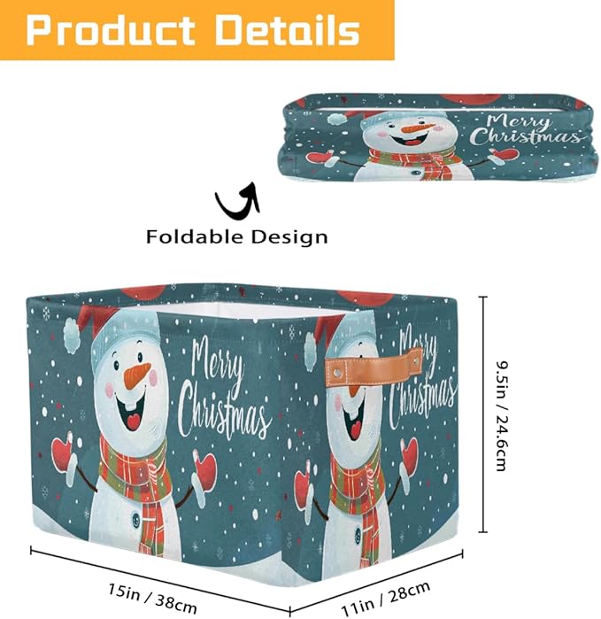 Storage Baskets Bin, Christmas Winter Snowman Collapsible Canvas Fabric Storage Bin Decorative Baskets Toy Organizer Rectangle Storage Boxes with Handles for Home Shelves Nursery, J-022
