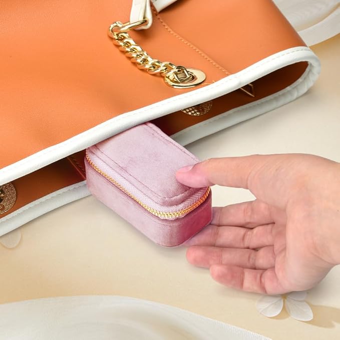 TAIMY Small Travel Jewelry Case, Mini Tiny Plush Velvet Jewelry Box for Women and Girls, Pocket Size Jewelry holder organizer for Rings Earrings and Small Items(Pink)