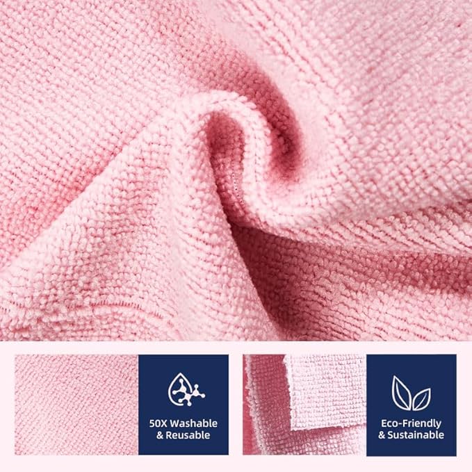 & PLUSH Microfiber Cleaning Cloth Roll - 70 Pack, Tear Away Microfiber Towels, 12" x 12", Reusable, Washable, Streak Free, Ultra Absorbent Dish Rags for Car, Home, Garage or Shop (Pink and White)
